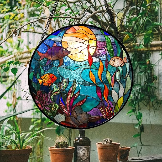 AMDERVEN Stained Glass Window Hanging - Blue Ocean World Small Fish Coral Sun Catcher for Door Garden Home Decor Sea Suncatcher Christmas Mother's Day Birthday Gifts for Women Men Mom Nana 15 in