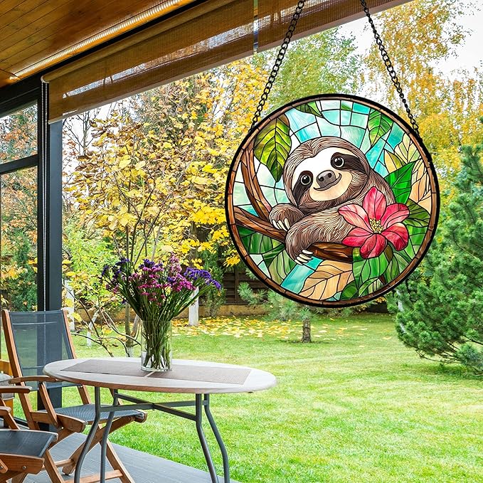 AMDERVEN Stained Glass Window Hanging, Cute Sloth Sun Catcher for Door Home Decor Animal Suncatcher Christmas Mother's Day Birthday Gifts for Women Men Mom and Nana 9.8 in