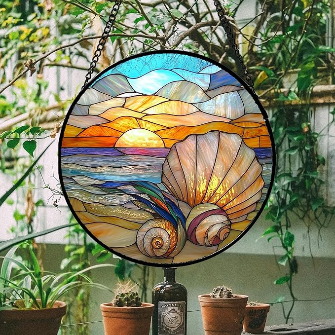 AMDERVEN Stained Glass Window Hanging - Colorful Beach Shells Conch Sun Catcher for Door Home Decor Ocean Suncatcher Christmas Mother's Day Birthday Sea Lover Gifts for Women Men Mom Nana 11.8 in