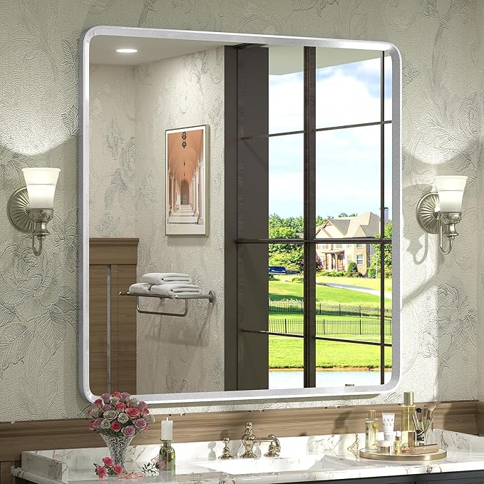 36x36 Square Silver Bathroom Mirror, Silver Metal Framed Mirror, Rounded Rectangle Bathroom Vanity Mirror, Anti-Rust, Shatterproof