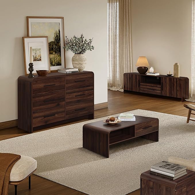 LuxenHome 70" Mid-Century Modern TV Stand for TVs up to 75", Walnut Finish TV Stand with Rounded Corners, Entertainment Center Console with 2 Doors & 1 Drawer for Living Room, Bedroom
