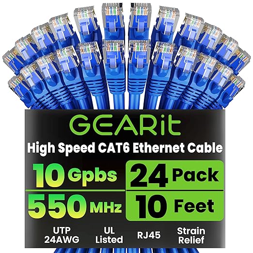 GEARit Cat 6 Ethernet Patch Cable 10 ft Blue, High Speed 24AWG 10Gbps RJ45 by GEARit