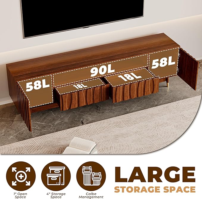 ATJafurn 78‘’ Brown Walnut Finish TV Stand for 65/75/85 Inch TVs, Mid Century Modern Wood Media Console Entertainment Center with 2 Drawers and 2 Cabinets for Living Room Bedroom