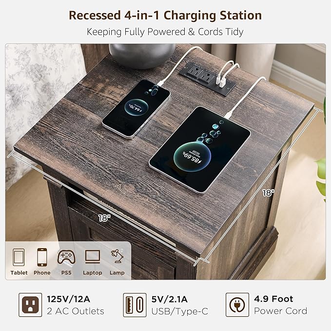 T4TREAM Farmhouse Nightstand Set of 2, 18" Sofa Side Table with Charging Station, Wood End Table w/Roman Column, Bedside Cabinet for Bedroom, Living Room, Dark Rustic Oak