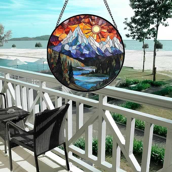 AMDERVEN Stained Glass Window Hanging - Colorful Mountain Lake Landscape Sun Catcher for Door Garden Home Decor Suncatcher Christmas Mother's Day Birthday Gifts for Women Men Mom Nana 7.8 in