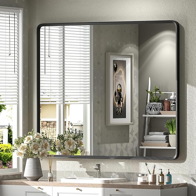 40x36 Inch Black Metal Framed Bathroom Mirror for Wall, Black Rounded Rectangle Mirror, Matte Black Bathroom Vanity Mirror, Anti-Rust, Shatterproof, Hangs Horizontally or Vertically