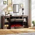 CharaVector 63 inch Fireplace TV Stand for TVs up to 75" with 30" 3-Sided Electric Fireplace, Farmhouse Entertainment Center with Glass Doors & Storage Cabinet, Brown