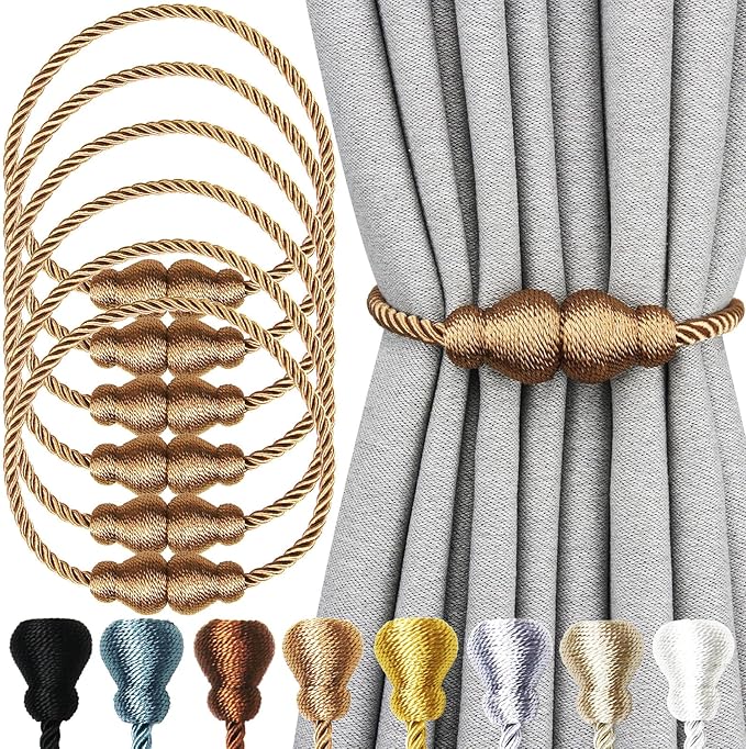 Nieffeiy Magnetic Curtain Tiebacks Outdoor Curtain Tie Backs Rope Decorative Magnetic Curtain Holders for Drapes Window Treatment Holdbacks, Khaki 6Pack