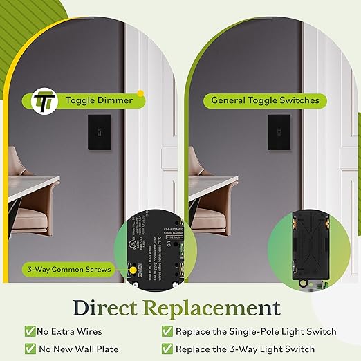 TG Digital Toggle Dimmer Light Switch for Dimmable LED, CFL and Incandescent Light Bulbs, Single Pole/ 3-Way, Wall Plate Included, UL Listed, 2 Pack, Black
