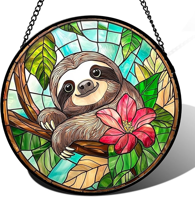 AMDERVEN Stained Glass Window Hanging, Cute Sloth Sun Catcher for Door Home Decor Animal Suncatcher Christmas Mother's Day Birthday Gifts for Women Men Mom and Nana 6.3 in