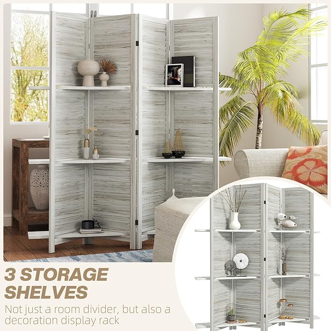HOMCOM Room Divider, 4 Panel 67" Tall Wood Privacy Screen with 3 Display Shelves, and Folding Storage for Bedroom or Home Office, Distressed White