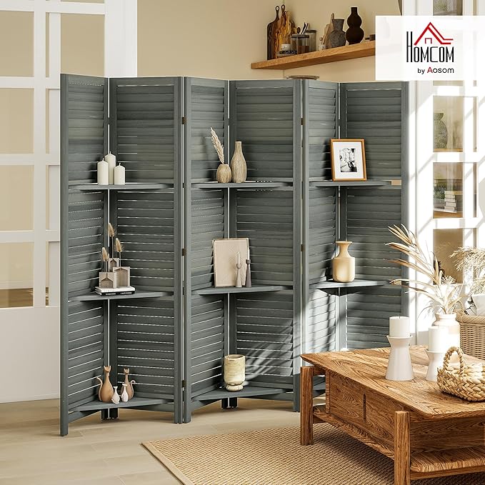 HOMCOM Room Divider, 6 Panel 67" Tall Wood Privacy Screen with 3 Display Shelves, and Folding Storage for Bedroom or Home Office, Gray