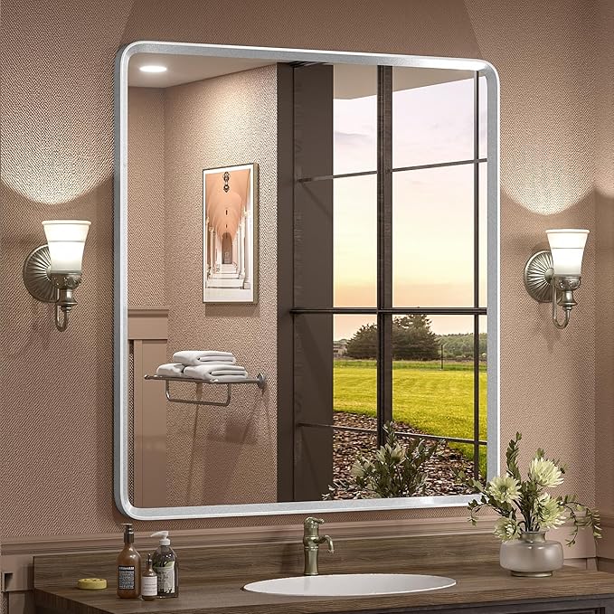 32x36 Inch Silver Bathroom Mirror, Silverirsh Paint Metal Frame Silver Mirror, Rounded Rectangle Bathroom Vanity Mirror, Shatterproof, Anti-Rust (Horizontal/Vertical)