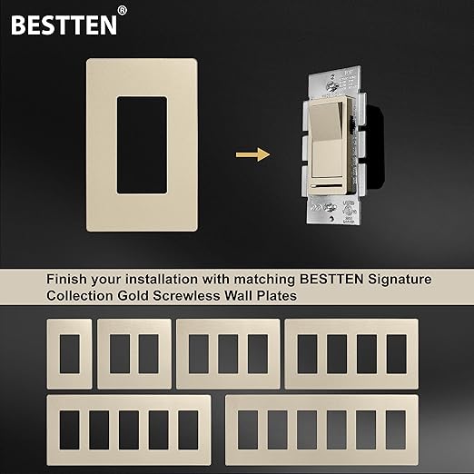 BESTTEN 5 Pack Matte Champagne Gold Dimmer Light Switch, Single Pole or 3-Way, Compatible with Dimmable LED, CFL, Incandescent and Halogen Bulb, 120VAC, Signature Collection, UL Listed