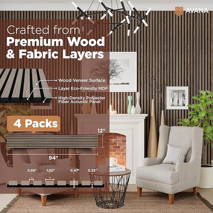 Avana Acoustic Wood Wall Panels – 94.4 x 12.6 Inch Natural Walnut Acoustic Panels 4 PCs – Wall Panels For Interior Wall Decor For Homes, Offices, Studios – Pleasing Decorative Wood Panels For Wall