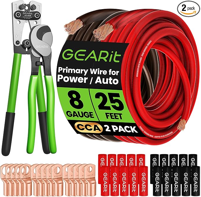 GEARit 8 Gauge Ground Wire Kit, CCA, (25FT Each - Black and Red) All-in-One Kit: Crimping Tool, Cutter, 15 Lugs, and 20 Heat Shrink Wrap