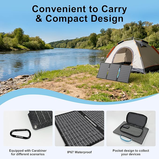 E-POWO 45W Portable Solar Panels Chargers with USB-C, USB-A and DC Outputs Foldable IP67 Waterproof Solar Panel for Camping,Power Emergency for Small Power Station,Phones, Power Banks
