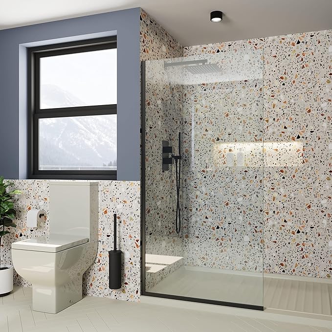 Royalty Fixed Shower Screen - 36" x 76" Frameless 3/8" Clear Tempered Glass Panel with Hardware - Easy Clean Smart Guard Coating - Minimalist Modern Design for Bathroom - Matte Black