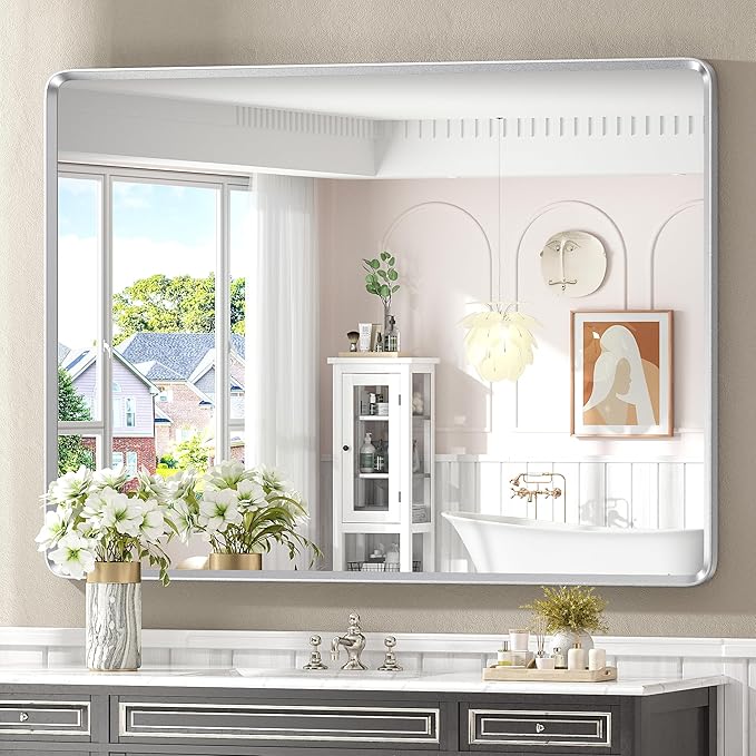 48x36 Inch Silver Bathroom Mirror for Wall, Silver Metal Framed Bathroom Vanity Mirror, Modern Rounded Rectangle Mirror, Shatterproof, Anti-Rust (Horizontal/Vertical)