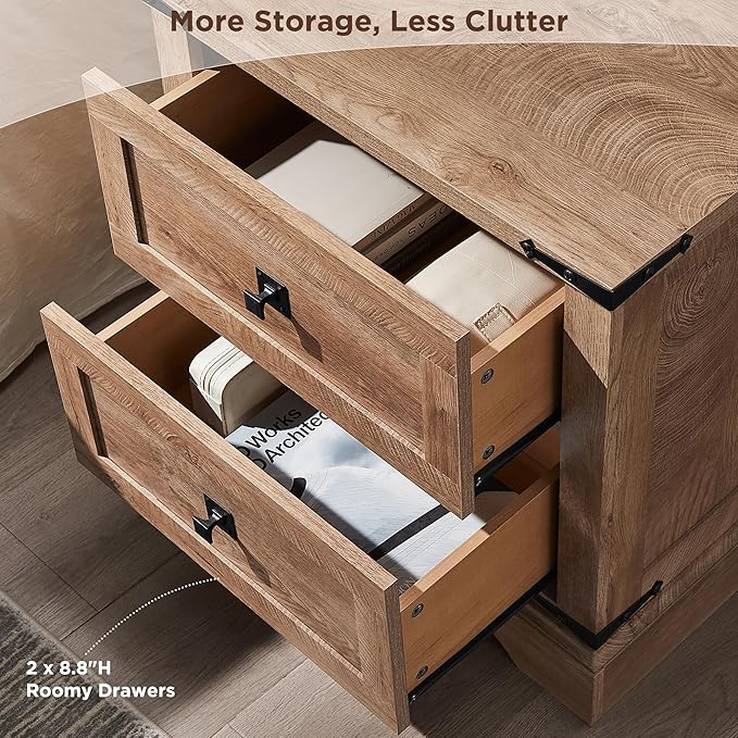 T4TREAM 24" Farmhouse Nightstand with Charging Station Set of 2, Large End Table with 2 Storage Drawers, Rustic Wood Sofa Bedside Table for Bedroom, Light Knotty Oak