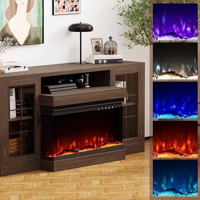 CharaVector 63 inch Fireplace TV Stand for TVs up to 75" with 30" 3-Sided Electric Fireplace, Farmhouse Entertainment Center with Glass Doors & Storage Cabinet, Brown