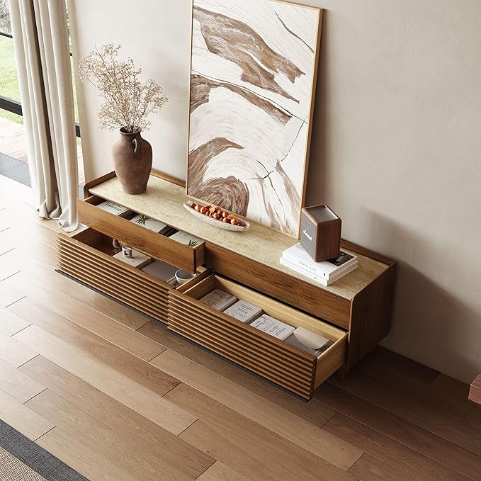 POVISON Fully-Assembled Mid Century Glossy Sintered Stone Tabletop TV Stand with Legs,Wood Media Console with Adjustable LED Light,Entertainment Center with Storage for Living Room