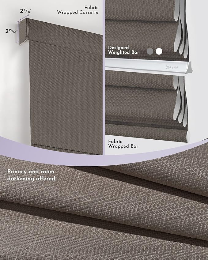 Graywind Smart Roman Shades Compatible with Alexa Google Rechargeable Motorized Blinds with Remote Blackout Roman Window Shades Plain Fold and Soft for Doors Bedroom, Custom Size (Textured Taupe)