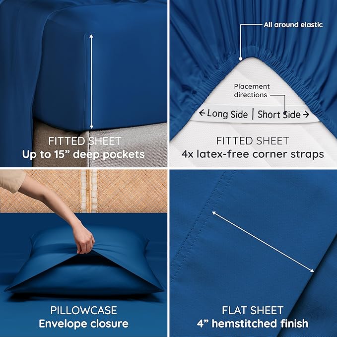 Bambaw 4 PCS - Full 100% Viscose Derived from Bamboo Cooling Sheet Set, Navy Blue