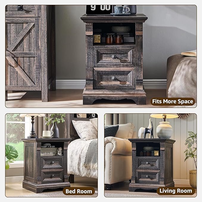 T4TREAM Farmhouse Nightstand Set of 2, 18" Sofa Side Table with Charging Station, Wood End Table w/Roman Column, Bedside Cabinet for Bedroom, Living Room, Dark Rustic Oak