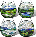 DASTOLL Stained Glass Window Hanging 4 Pcs Set Mountains Lake Green White Landscape Large 11.8" - Suncatcher Door Garden Sun Catcher Decor Birthday Christmas for Mom Woman Nana Men