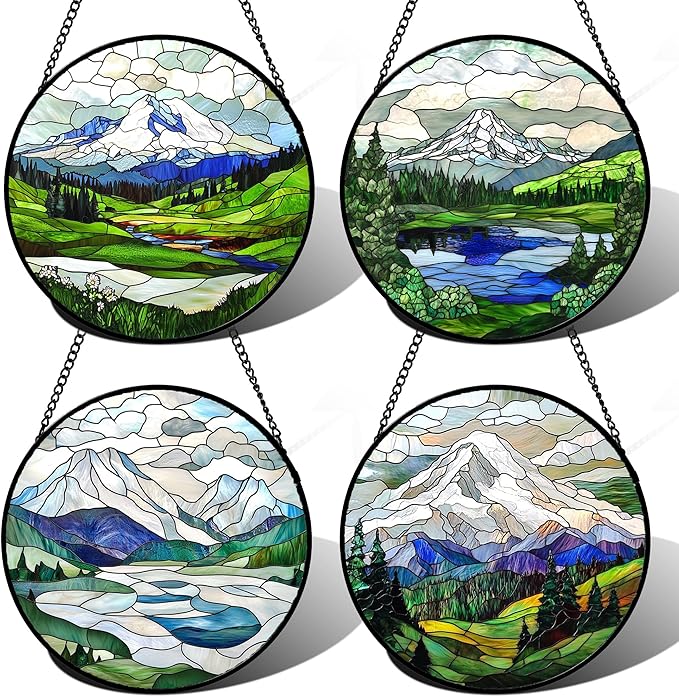 DASTOLL Stained Glass Window Hanging 4 Pcs Set Mountains Lake Green White Landscape 7.8" - Suncatcher Door Garden Sun Catcher Decor Birthday Christmas for Mom Woman Nana Men