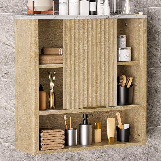 Bathroom Wall Cabinet, Fluted Medicine Cabinet with Adjustable Shelves, Wood Over The Toilet Storage Cabinet for Kitchen, Living Room, Laundry Room, Oak