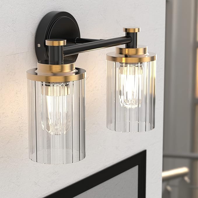 PHIXART Bathroom Lighting Fixtures Black and Gold Bathroom Vanity Light with Cylindrical Clear Stripes Glass Lampshade E26 Socket Base Bathroom Lighting Fixtures Over Mirror (2 Lights)