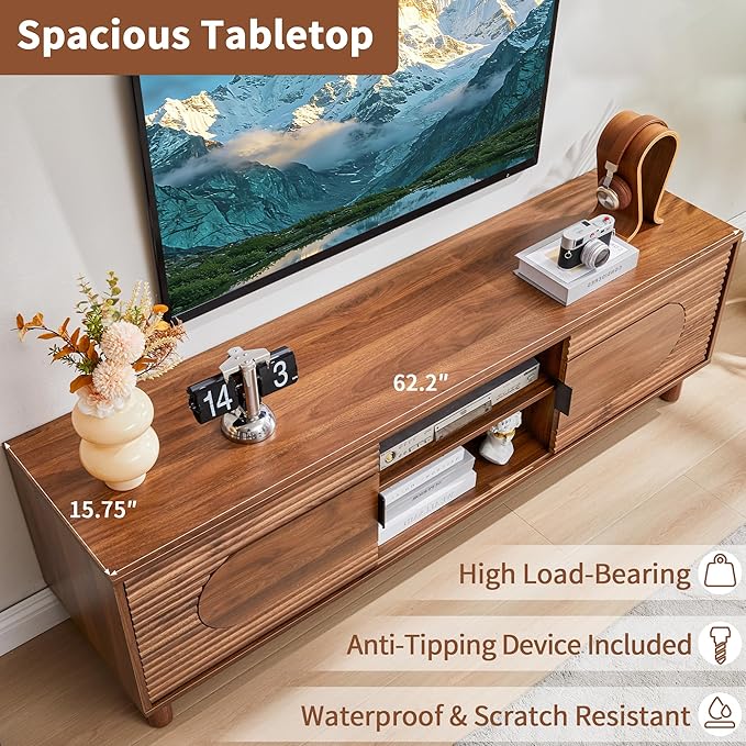 Bifins 63inch Wood TV Stand for Televisions up to 70 Inches,Mid Century Modern Entertainment Center TV Console Table with Storage and Shelf for Living Room Bedroom (Walnut)