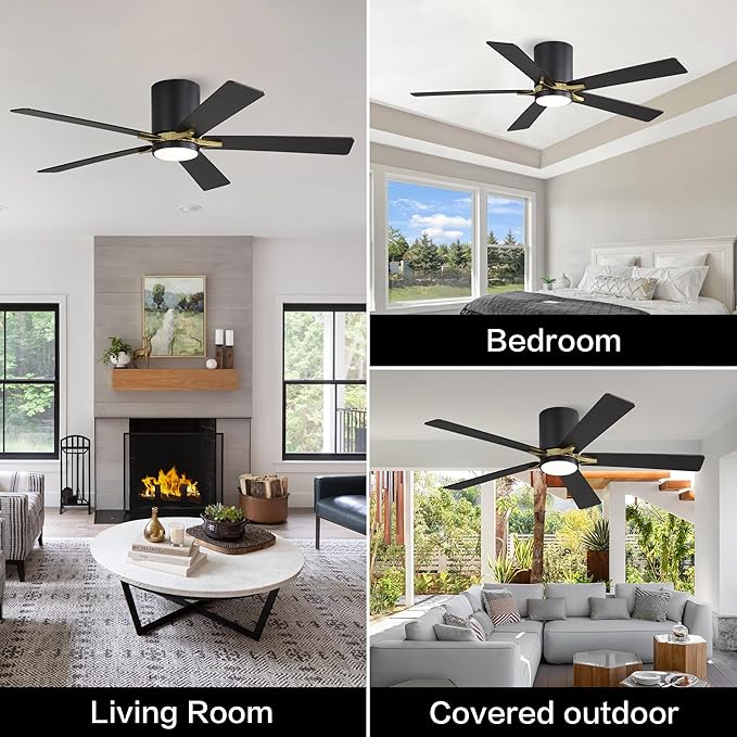 WINGBO 52" DC Flush Mount Ceiling Fan with Lights, 5 Plywood Blades, 6-Speed Reversible DC Motor, 3CCT, Low Profile Hugger Ceiling Fan for Living Room Bedroom Kitchen, Black and Brass