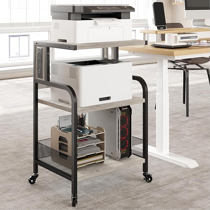 Garvee 3-Tier Large Printer Stand with Power Outlets & USB Ports,Industrial Rolling Printer Cart with Heavy Duty Metal Frame & Adjustable Shelf & Storage & Lockable Wheels for Home Office, Retro Gray