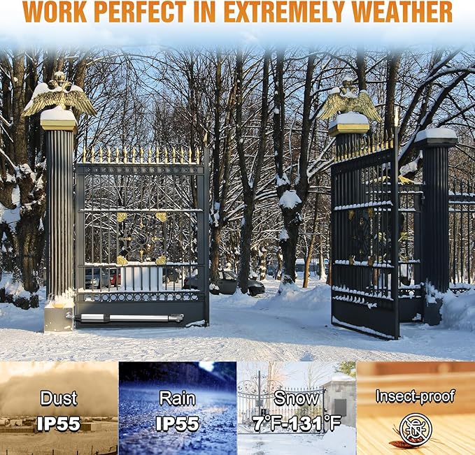 JUJIANG C01 Solar Gate Opener with Batteries & Solar Panel for Dual Swing Gates Up to 440lb 12FT per Arm Automatic Gate Opener with Remote Complete Kit Light Duty Automatic Gate Openers Solar Powered