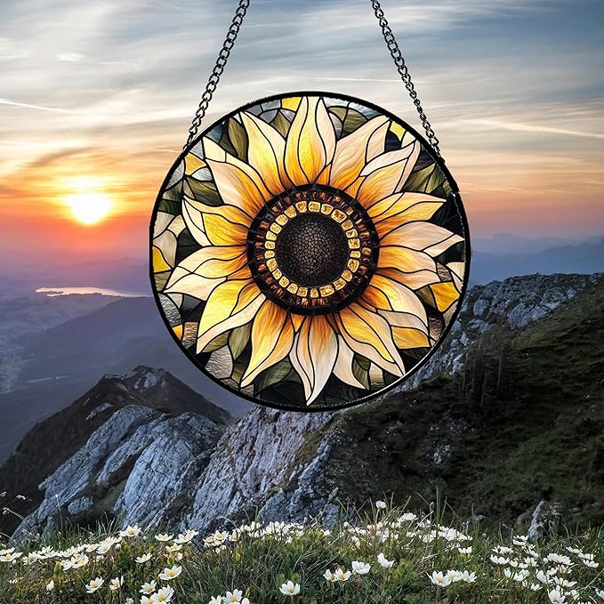 CRISGIF Stained Glass Window Hanging - Sunflower Suncatcher for Door Garden Patio Retro Flower Sun Catchers Decor Christmas Mother's Day Birthday Gifts for Women Mom Nana Friend Wife 6.3 in