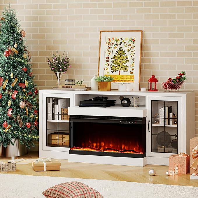 CharaVector 63 inch Fireplace TV Stand for TVs up to 75" with 30" 3-Sided Electric Fireplace, Farmhouse Entertainment Center with Glass Doors & Storage Cabinet, White Oak