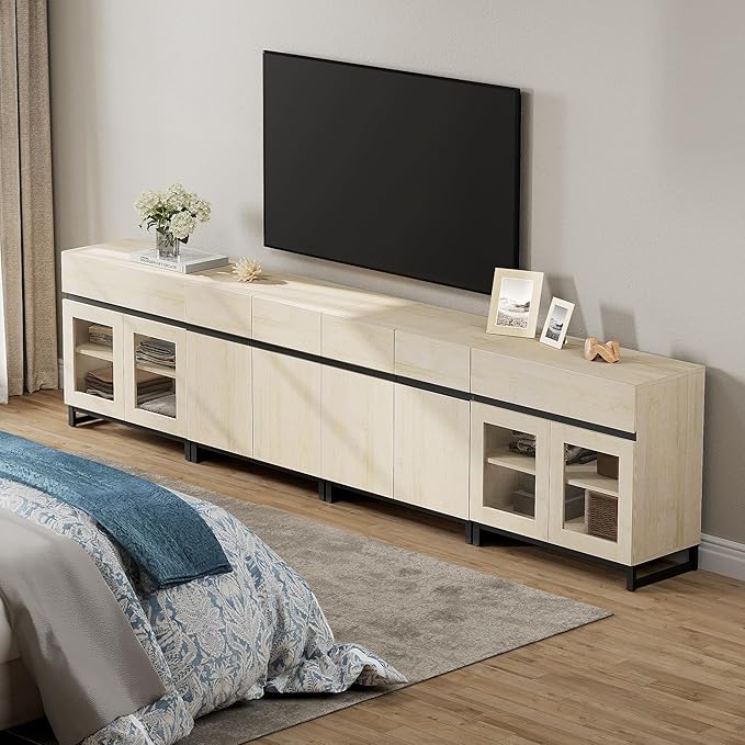 WAMPAT Modern TV Stand for TVs up to 120 inch, 4 in 1 TV Console with Glass Doors and 2 Drawers, Entertainment Center with Adjustable Shelf for Living Room, Bedroom, Light Oak