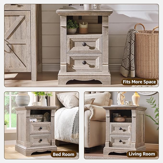 T4TREAM Farmhouse Nightstand Set of 2, 18" Side Table with Charging Station, Wood End Table w/Roman Column, Bedside Cabinet for Bedroom, Living Room, Light Rustic Oak
