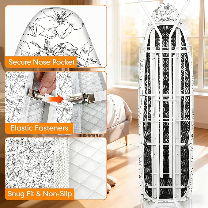Ironing Board Cover and Pad, 18x49 Extra Wide Thick Iron Padding, Scorch & Stain Resistant Ironing board cover, Heavy Duty Iron Board Padded with Adjustable Fasteners Elastic Edge, Floral White