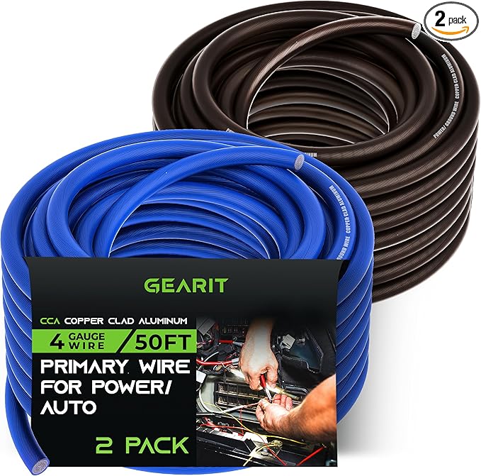 GEARit 4 Gauge Wire (50ft Each - Black/Blue Translucent) Copper Clad Aluminum CCA - Primary Automotive Wire Power/Ground, Battery Cable, Car Audio Speaker, RV Trailer, Amp, Electrical 4ga AWG 50 Feet