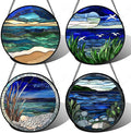 AMDERVEN Stained Glass Window Hanging 4 Pcs Set Navy Blue Ocean Landscape Large 11.8" - Suncatcher Door Garden Sun Catcher Decor Birthday Mother's Day for Mom Woman Nana Girl Boy Friend