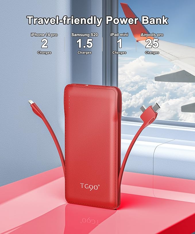 TG90° Portable Charger 10000mah Cell Phone Battery Backup, Ultra Slim Power Bank with Built in Cables(No AC Plug), Portable Phone Charger Battery Packs Compatible with iPhone Android Phones