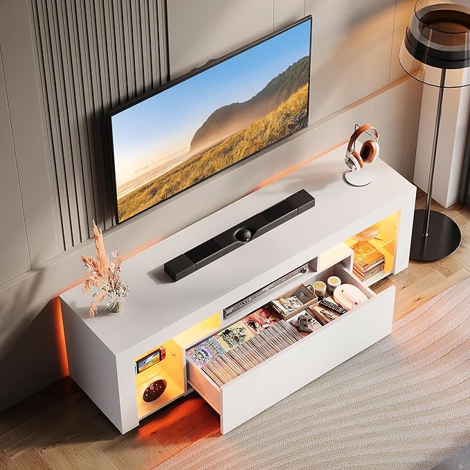 WLIVE TV Stand with LED Lights & 2 Large Storage Drawers, Modern Entertainment Center for 32/43/50/55/60 Inchs TVs, Sturdy TV Console for Living Room, Bedroom(White)