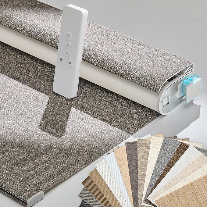 Persilux Smart Motorized Blinds with Remote, No Drill Automatic Roller Shades for Indoor Windows, Blackout Linen Fabric, Electric Blinds for Windows, Linen Brown C156BO-4, Custom Size