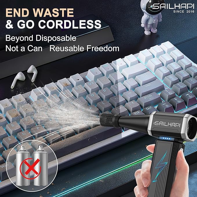 SAILHAPI Compressed Air Duster 300000RPM, Handheld Office Duster Brushless Motor Replaced Canned Air, Rechargeable Durable Turbo Blower for PC Gamers, Barber & Snow Removal, Birthday Gifts for Dad