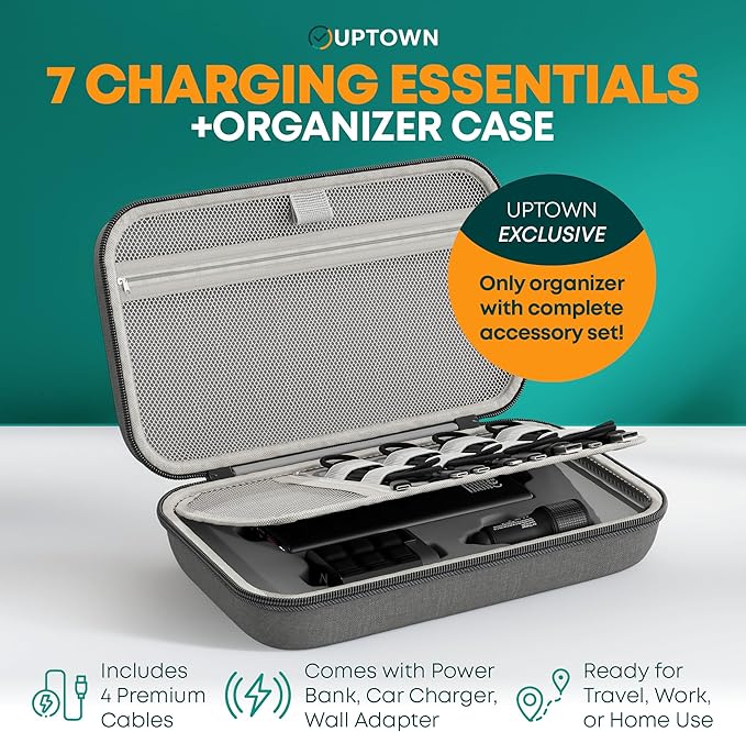 Uptown 7- Piece Travel Charging Tech Bundle – 10,000mAh Portable Charger, 45W GaN Wall Adaptor, 48W Car Charger & 4 Cables with Cord Organizer – Travel Essentials for Phones, Tablets & Laptops