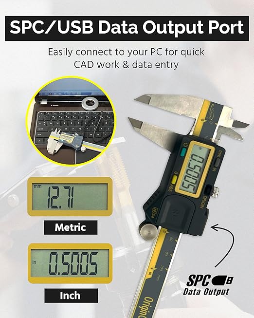 iGAGING Absolute Origin 0-12" Digital Caliper, IP54 Stainless Steel, SPC/USB Output Port, Inch & Metric Modes, Case, Manual, Battery